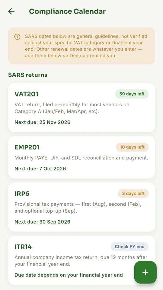 Compliance calendar with VAT201, EMP201, IRP6 and ITR14 due dates