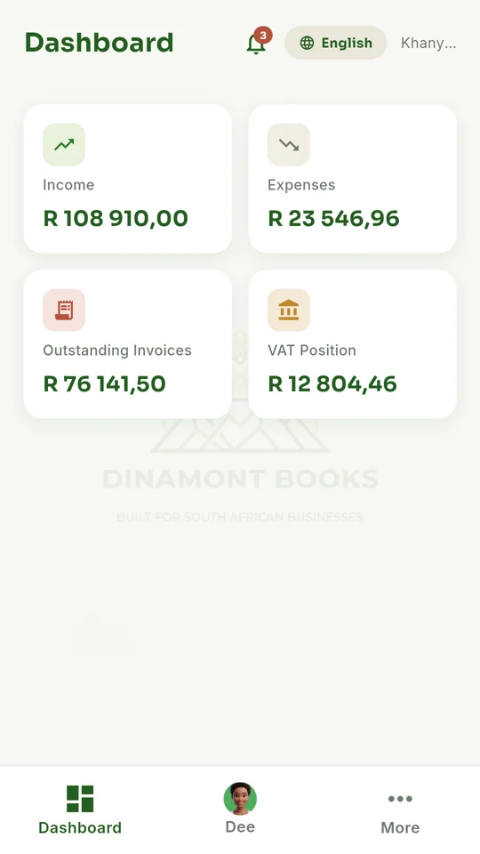 Dashboard showing income, expenses, outstanding invoices and VAT position