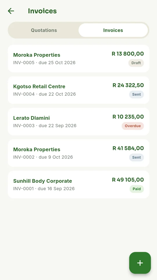Invoice list with paid, sent and overdue statuses