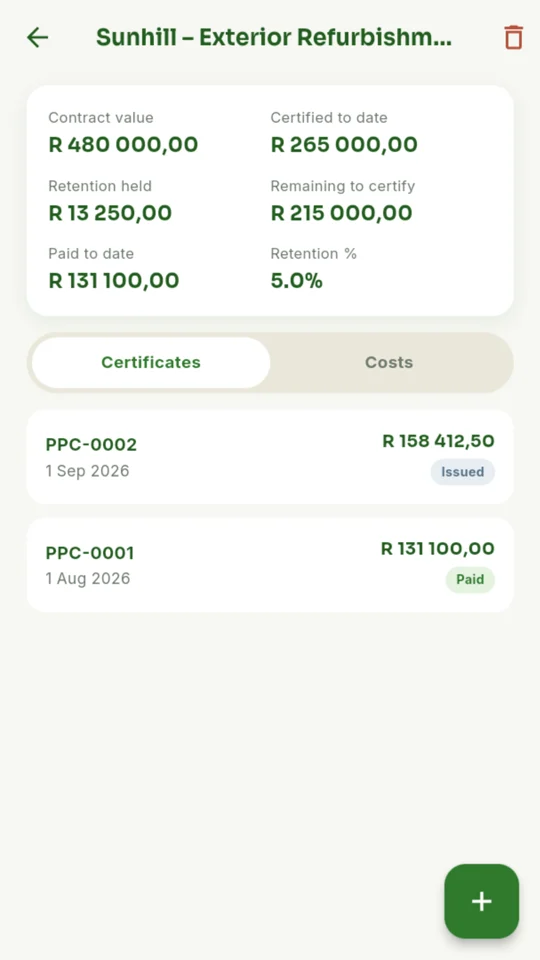 Project with contract value, retention and payment certificates