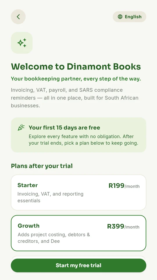 Welcome screen with free trial and plans
